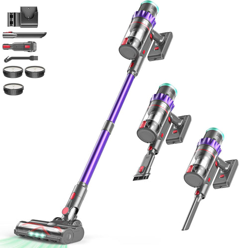 Cordless Vacuum Cleaner, 550W/48kPa Stick Vacuum with Intelligent Display, Vacuum Cleaner with Anti - Tangle Brush and 60 Mins Runtime, Perfect for Pet Hair, Carpet, and Hard Floors (Purple) - with Purple | Sold by Uncle Wiener's Wholesale