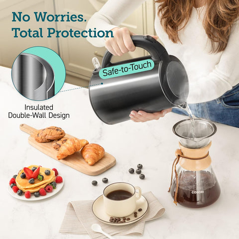 COSORI Electric Kettle with Double Wall & Two - Level Lid,304 Stainless Steel BPA Free Tea Hot Water Boiler,Wide Mouth,LED Indicator,Auto Shut - Off Boil - Dry Protection,1.5L,Space Black,CDK - SE151 - KUS - with | Sold by Uncle Wiener's Wholesale