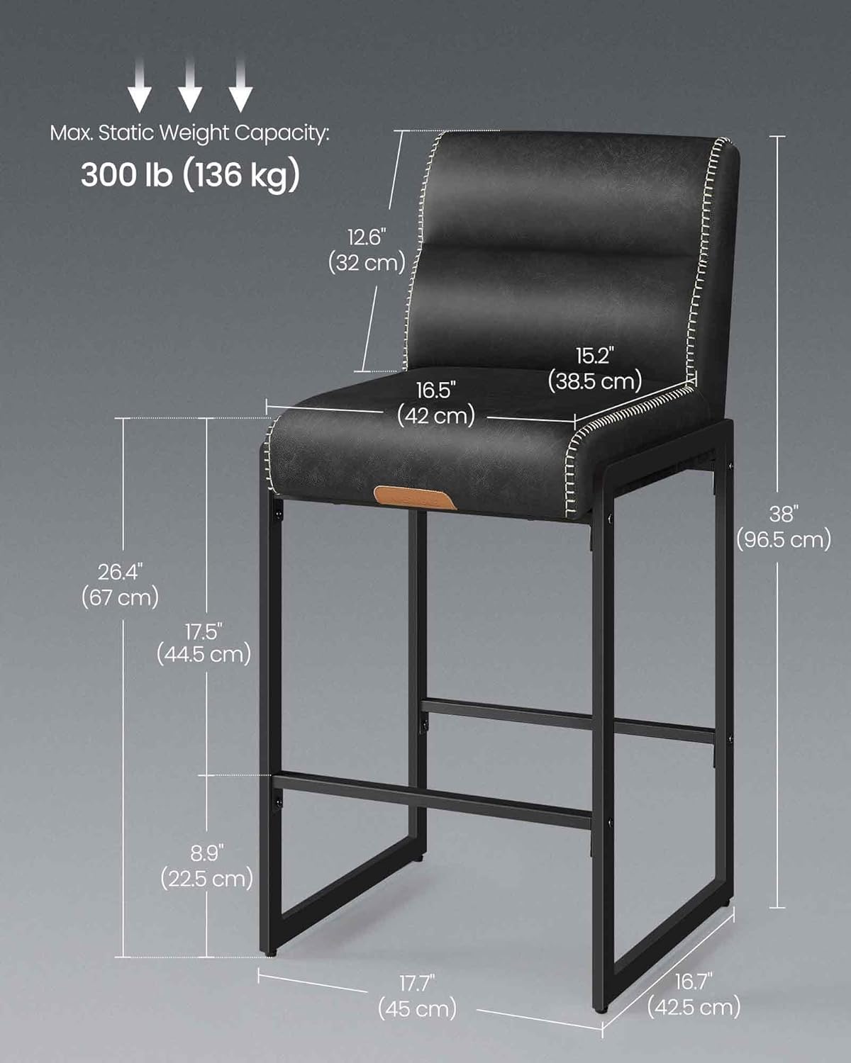 Counter Height Bar Stools Set of 2 with Backrests and Storage Pockets, Faux Leather Upholstery with Stitching, Mid-Century Modern Kitchen Island Chairs 26.4" Ink Black LBC116BH01S - with | Sold by Uncle Wiener's Wholesale