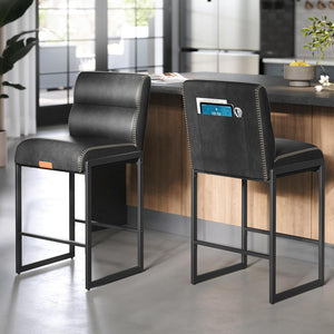 Counter Height Bar Stools Set of 2 with Backrests and Storage Pockets, Faux Leather Upholstery with Stitching, Mid-Century Modern Kitchen Island Chairs 26.4" Ink Black LBC116BH01S