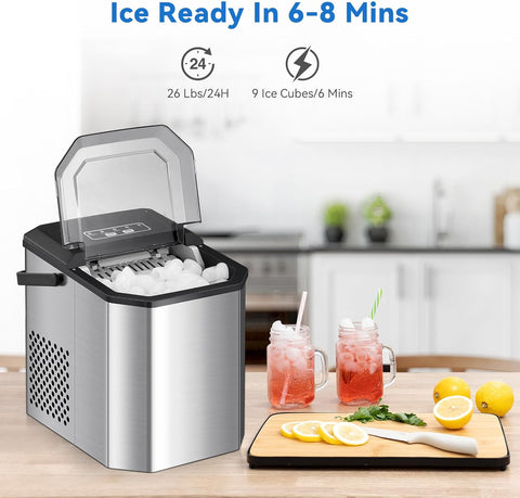 Countertop Ice Maker, 26 lbs in 24 Hours, 9 Bullet Ice Cubes Ready in 6 Mins, Portable Ice Machine with Handle, 2 Sizes Ice Cubes, with Ice Scoop and Basket for Home/Kitchen/Bar/RV, doesn’t have the handle - with | Sold by Uncle Wiener's Wholesale