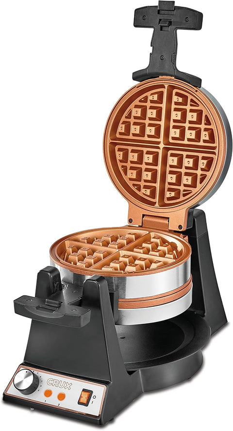 CRUX Double Rotating Belgian Waffle Maker, Keto Chaffles Iron with Nonstick PFOA Free Copper Plates for Easy Food Release, Browning Control and Removable Drip Tray, Stainless Steel - with Stainless Steel/Copper | Sold by Uncle Wiener's Wholesale