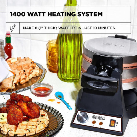CRUX Double Rotating Belgian Waffle Maker, Keto Chaffles Iron with Nonstick PFOA Free Copper Plates for Easy Food Release, Browning Control and Removable Drip Tray, Stainless Steel - with Stainless Steel/Copper | Sold by Uncle Wiener's Wholesale