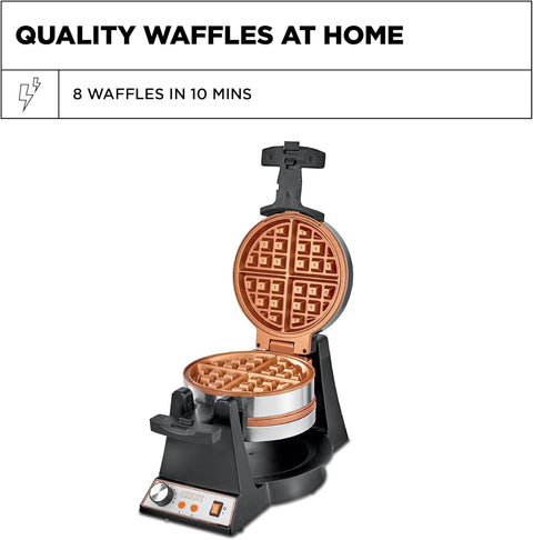 CRUX Double Rotating Belgian Waffle Maker, Keto Chaffles Iron with Nonstick PFOA Free Copper Plates for Easy Food Release, Browning Control and Removable Drip Tray, Stainless Steel - with Stainless Steel/Copper | Sold by Uncle Wiener's Wholesale
