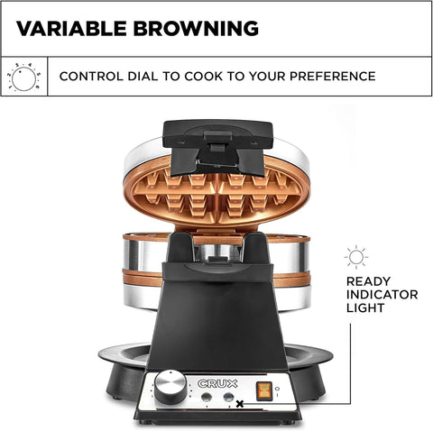 CRUX Double Rotating Belgian Waffle Maker, Keto Chaffles Iron with Nonstick PFOA Free Copper Plates for Easy Food Release, Browning Control and Removable Drip Tray, Stainless Steel - with Stainless Steel/Copper | Sold by Uncle Wiener's Wholesale