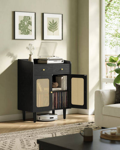 Boho Buffet Cabinet with Rattan-Style Doors & 2 Drawers – Adjustable Shelf Sideboard Storage Cabinet Ebony Black BBK343B01