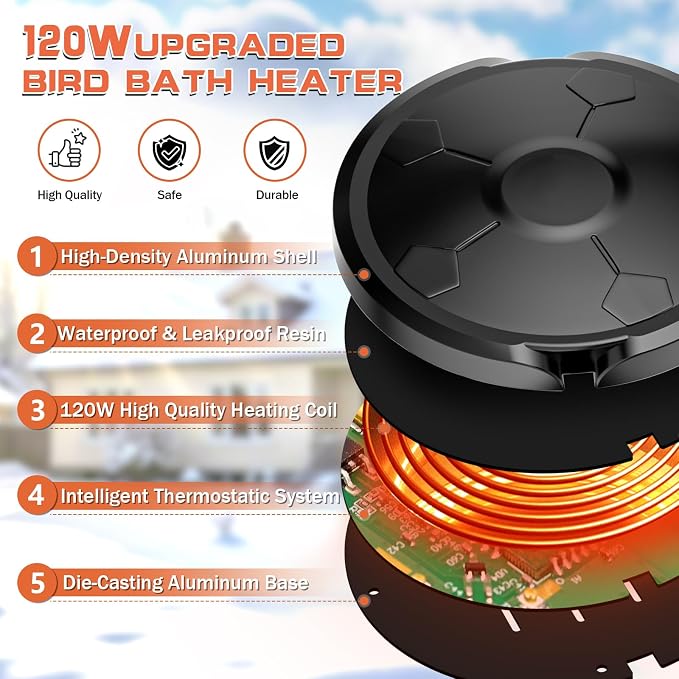 Daoeny 120W Bird Bath Heater – Thermostatic Outdoor Birdbath Deicer, Full-Covered Aluminum Water Heater for Winter - Garden & Landscaping with | Sold by Uncle Wiener's Wholesale