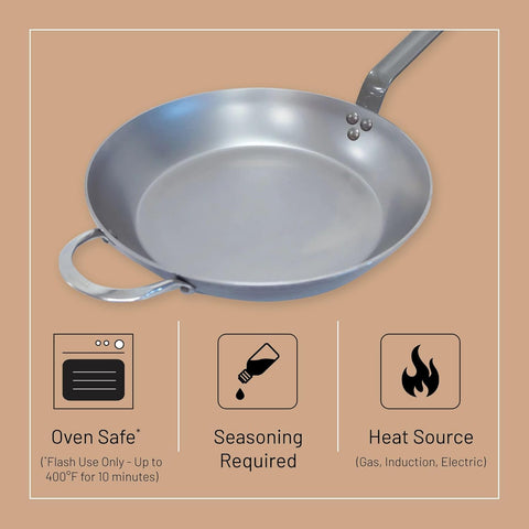 De Buyer MINERAL B Carbon Steel Fry Pan - 14” Diameter, 10.25” Cooking Surface - Ideal for Searing, Sauteing & Reheating - PFAS, PFOA & PFOS Free - Made in France - with Silver | Sold by Uncle Wiener's Wholesale