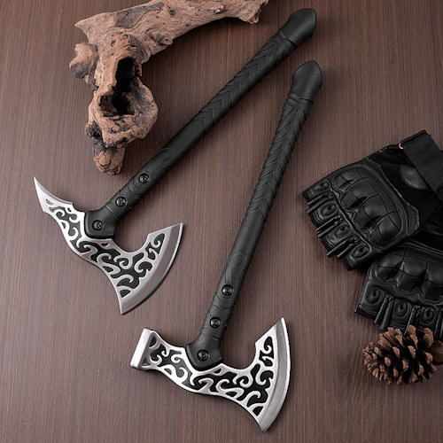 Decorative Fantasy Style Axe with Black Handle and Patterned Blade AXE399 - with | Sold by Uncle Wiener's Wholesale