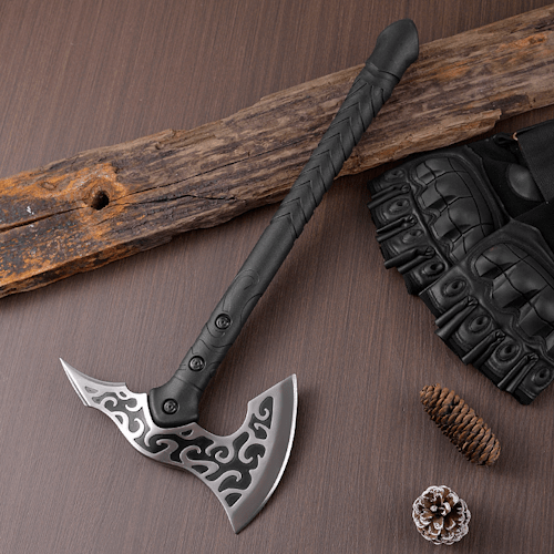 Decorative Fantasy Style Axe with Black Handle and Patterned Blade AXE399 - with | Sold by Uncle Wiener's Wholesale