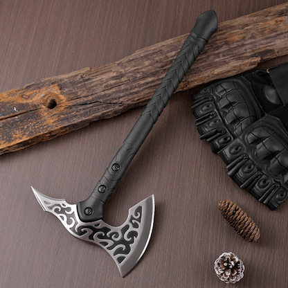 Decorative Fantasy Style Axe with Black Handle and Patterned Blade AXE399 - with | Sold by Uncle Wiener's Wholesale