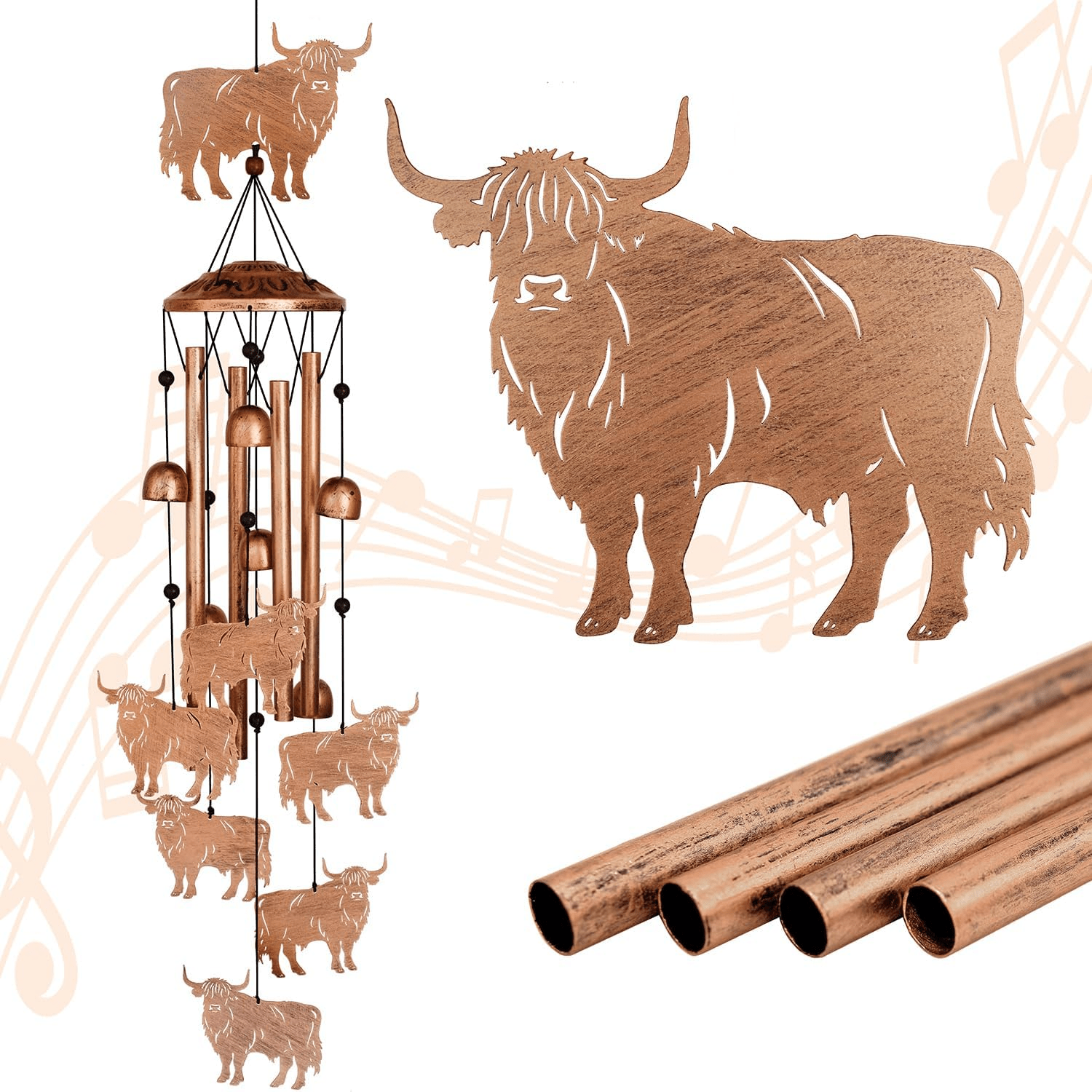 Decorative Metal Wind Chime 38" Outdoor Hanging Chimes Highland Cow / Bigfoot Design WCH96 - with Highland Cow Design | Sold by Uncle Wiener's Wholesale