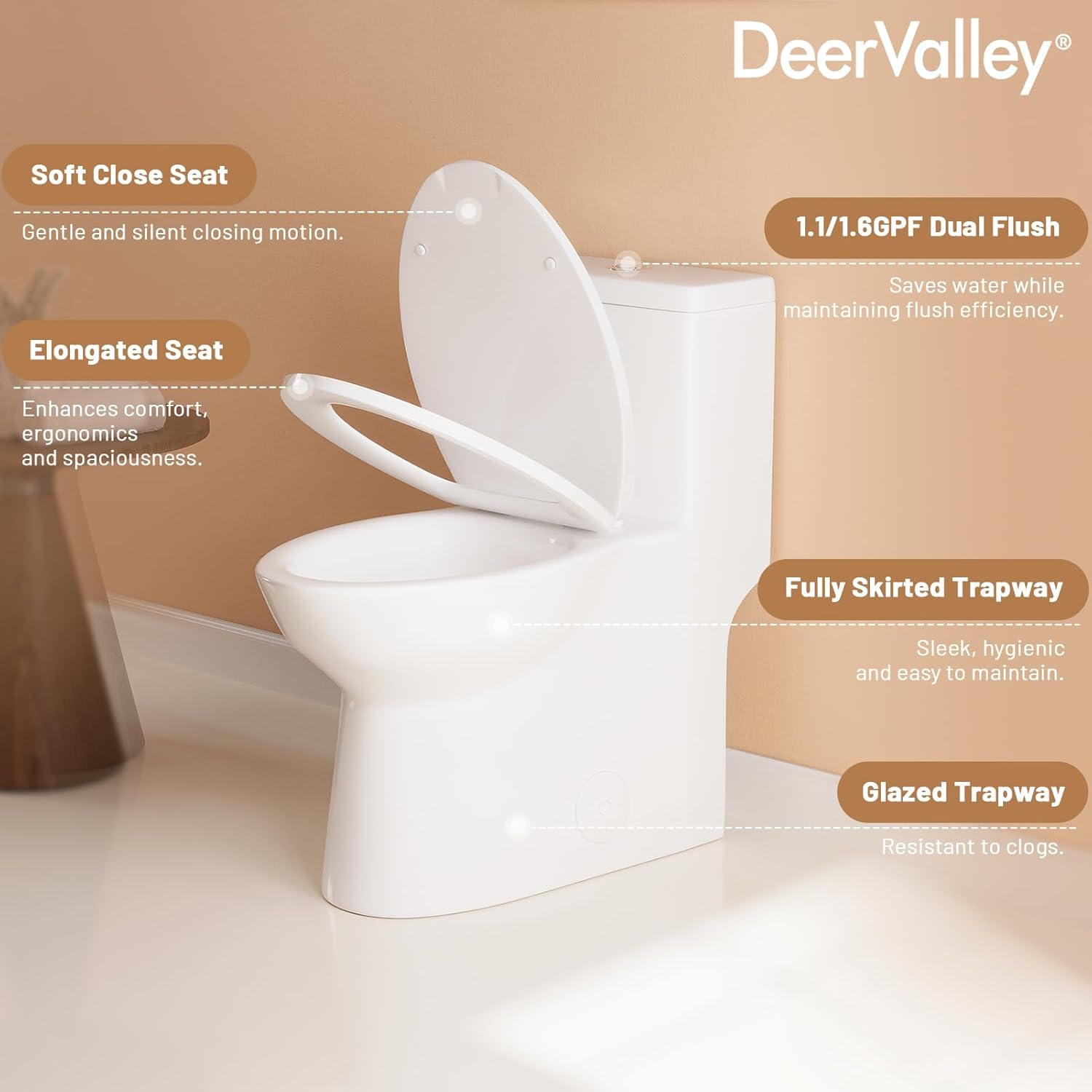 DeerValley Symmetry One Piece Toilet, Dual Flush 1.1/1.6 GPF Elongated Standard Toilet for Bathroom, Toilets with Comfortable Seat Height (Seat Included) (White) - with White | Sold by Uncle Wiener's Wholesale