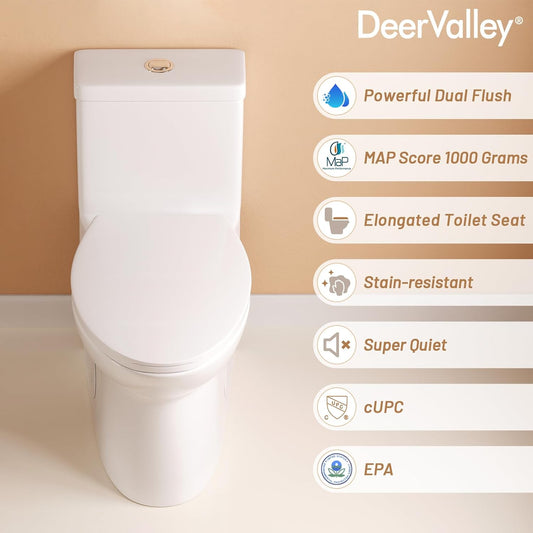 DeerValley Symmetry One Piece Toilet, Dual Flush 1.1/1.6 GPF Elongated Standard Toilet for Bathroom, Toilets with Comfortable Seat Height (Seat Included) (White) - with White | Sold by Uncle Wiener's Wholesale