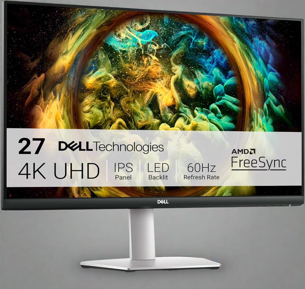 Front view of Dell S2721QS 27" 4K UHD IPS monitor with HDR

Side angle showing ultra-thin bezel design

HDR media playback demo image on Dell monitor

Back panel and ports view of Dell S2721QS