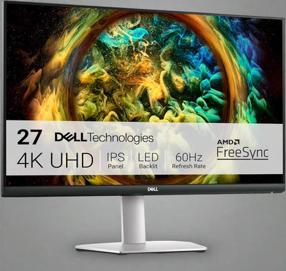 Front view of Dell S2721QS 27" 4K UHD IPS monitor with HDR

Side angle showing ultra-thin bezel design

HDR media playback demo image on Dell monitor

Back panel and ports view of Dell S2721QS