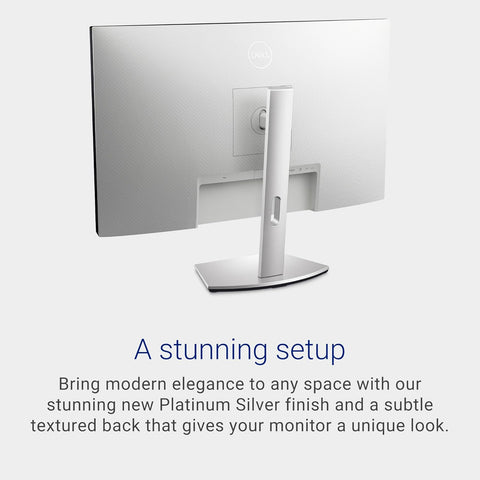 Front view of Dell S2722DC QHD 27” monitor on adjustable stand

Close-up of vibrant QHD screen with thin bezels

Side profile showing USB-C and HDMI ports

Illustration of height/tilt/pivot adjustment options

Image showing single-cable USB-C connectivity setup