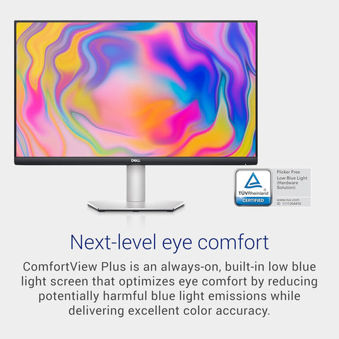 Front view of Dell S2722DC QHD 27” monitor on adjustable stand

Close-up of vibrant QHD screen with thin bezels

Side profile showing USB-C and HDMI ports

Illustration of height/tilt/pivot adjustment options

Image showing single-cable USB-C connectivity setup