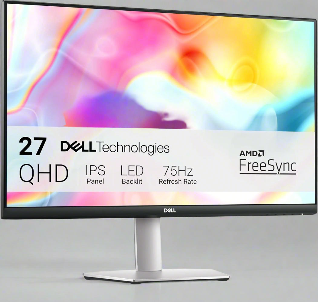 Front view of Dell S2722DC QHD 27” monitor on adjustable stand

Close-up of vibrant QHD screen with thin bezels

Side profile showing USB-C and HDMI ports

Illustration of height/tilt/pivot adjustment options

Image showing single-cable USB-C connectivity setup