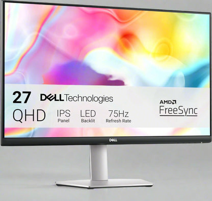 Front view of Dell S2722DC QHD 27” monitor on adjustable stand

Close-up of vibrant QHD screen with thin bezels

Side profile showing USB-C and HDMI ports

Illustration of height/tilt/pivot adjustment options

Image showing single-cable USB-C connectivity setup