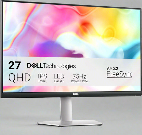 Front view of Dell S2722DC QHD 27” monitor on adjustable stand

Close-up of vibrant QHD screen with thin bezels

Side profile showing USB-C and HDMI ports

Illustration of height/tilt/pivot adjustment options

Image showing single-cable USB-C connectivity setup
