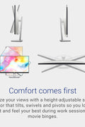 Front view of Dell S2722DC QHD 27” monitor on adjustable stand

Close-up of vibrant QHD screen with thin bezels

Side profile showing USB-C and HDMI ports

Illustration of height/tilt/pivot adjustment options

Image showing single-cable USB-C connectivity setup