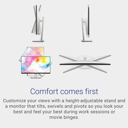 Front view of Dell S2722DC QHD 27” monitor on adjustable stand

Close-up of vibrant QHD screen with thin bezels

Side profile showing USB-C and HDMI ports

Illustration of height/tilt/pivot adjustment options

Image showing single-cable USB-C connectivity setup