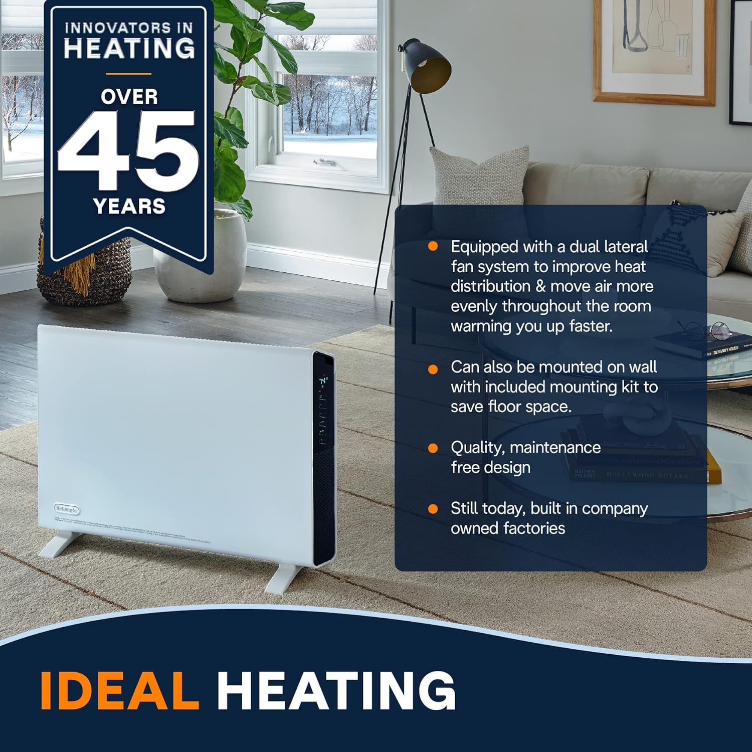 De'Longhi Convector Panel Heater, Full Room Quiet 1500W, Freestanding / Easy Install Wall Mount, LED Digital Display, Adjustable Thermostat, Timer, Eco Energy Saving Mode, White, Slim Style HCX9115ECA - with | Sold by Uncle Wiener's Wholesale