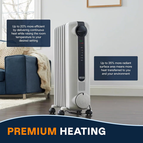 De'Longhi Oil - Filled Radiator Space Heater, Full Room Quiet 1500W, Adjustable Thermostat, 3 Heat Settings, Digital Timer, ECO Energy Saving Mode, Safety Features, Light Gray, Radia S TRRS0715ECA - with | Sold by Uncle Wiener's Wholesale