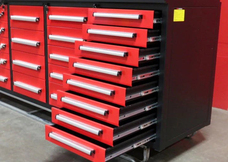 Deluxe 10 FT Tool Workbench & Cabinet System – 40 - Drawer Heavy - Duty Storage Unit - with Red | Sold by Uncle Wiener's Wholesale