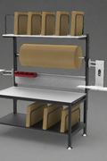 Full view of heavy-duty 61” packing workstation with shelves and pegboard

Side view of workbench with keyboard tray and dispenser

Close-up of adjustable table height and MDF tabletop

Pegboard and shelf configuration in use

Dispenser bar and printer shelf setup