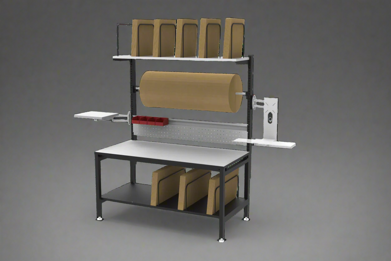 Full view of heavy-duty 61” packing workstation with shelves and pegboard

Side view of workbench with keyboard tray and dispenser

Close-up of adjustable table height and MDF tabletop

Pegboard and shelf configuration in use

Dispenser bar and printer shelf setup