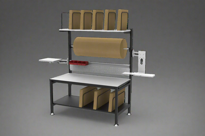 Full view of heavy-duty 61” packing workstation with shelves and pegboard

Side view of workbench with keyboard tray and dispenser

Close-up of adjustable table height and MDF tabletop

Pegboard and shelf configuration in use

Dispenser bar and printer shelf setup