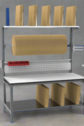 Full view of heavy-duty 61” packing workstation with shelves and pegboard

Side view of workbench with keyboard tray and dispenser

Close-up of adjustable table height and MDF tabletop

Pegboard and shelf configuration in use

Dispenser bar and printer shelf setup