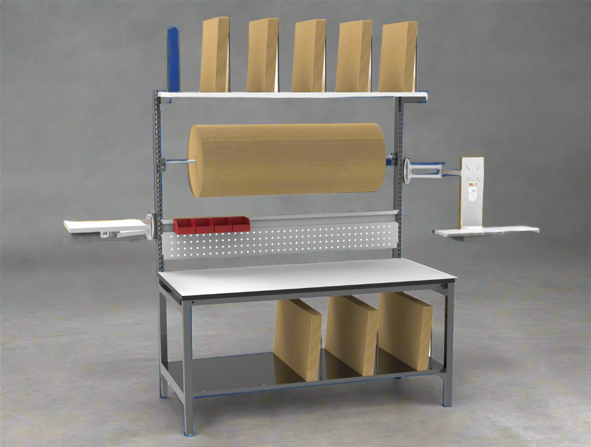 Full view of heavy-duty 61” packing workstation with shelves and pegboard

Side view of workbench with keyboard tray and dispenser

Close-up of adjustable table height and MDF tabletop

Pegboard and shelf configuration in use

Dispenser bar and printer shelf setup