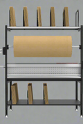 Full view of heavy-duty 61” packing workstation with shelves and pegboard

Side view of workbench with keyboard tray and dispenser

Close-up of adjustable table height and MDF tabletop

Pegboard and shelf configuration in use

Dispenser bar and printer shelf setup