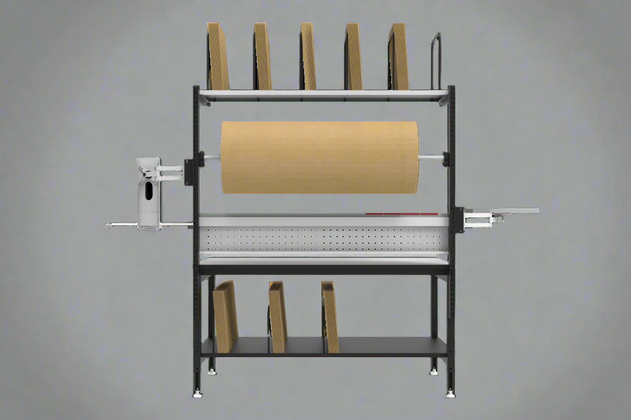 Full view of heavy-duty 61” packing workstation with shelves and pegboard

Side view of workbench with keyboard tray and dispenser

Close-up of adjustable table height and MDF tabletop

Pegboard and shelf configuration in use

Dispenser bar and printer shelf setup