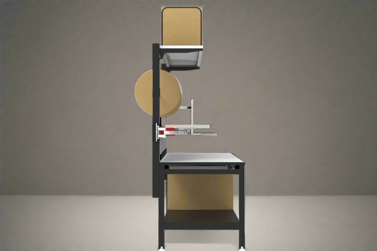 Full view of heavy-duty 61” packing workstation with shelves and pegboard

Side view of workbench with keyboard tray and dispenser

Close-up of adjustable table height and MDF tabletop

Pegboard and shelf configuration in use

Dispenser bar and printer shelf setup