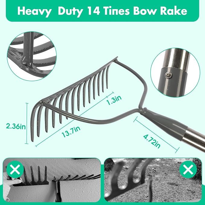 DEROFIT Heavy Duty Garden Rake – 14-Tine Metal Bow Rake with Adjustable 34–60 Inch Stainless Steel Handle, 13.4-Inch Wide Head for Soil, Mulch, Gravel & Lawn Leveling - Garden & Landscaping with | Sold by Uncle Wiener's Wholesale