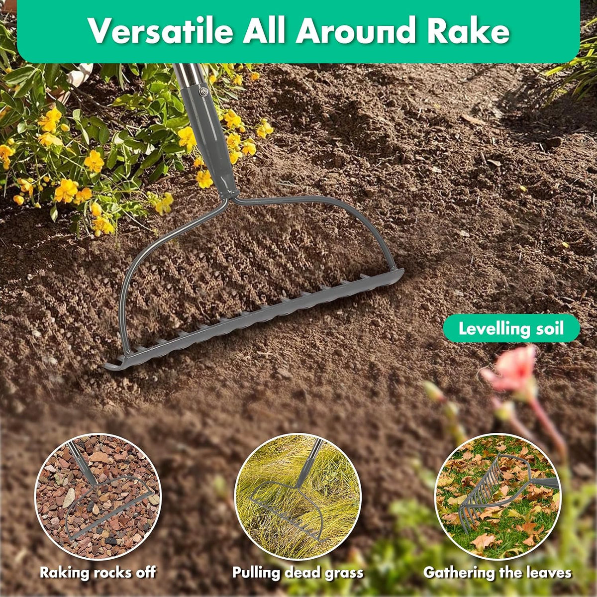 DEROFIT Heavy Duty Garden Rake – 14-Tine Metal Bow Rake with Adjustable 34–60 Inch Stainless Steel Handle, 13.4-Inch Wide Head for Soil, Mulch, Gravel & Lawn Leveling - Garden & Landscaping with | Sold by Uncle Wiener's Wholesale