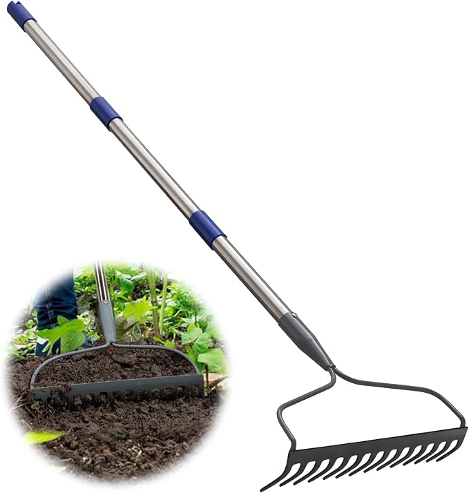 DEROFIT Heavy Duty Garden Rake – 14-Tine Metal Bow Rake with Adjustable 34–60 Inch Stainless Steel Handle, 13.4-Inch Wide Head for Soil, Mulch, Gravel & Lawn Leveling - Garden & Landscaping with | Sold by Uncle Wiener's Wholesale