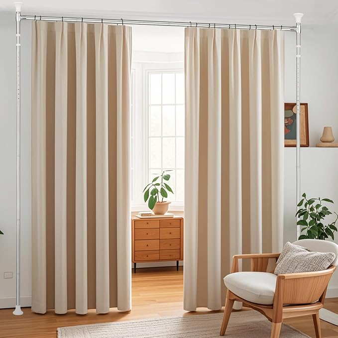 DEROFIT No-Drill Room Divider Curtain Rod Kit – Adjustable Floor to Ceiling Partition, 120" Tall x 114" Wide, Heavy Duty Black - Home decor with 120"Tall x 70"Wide (Silver) | Sold by Uncle Wiener's Wholesale