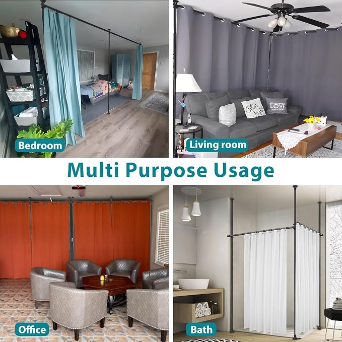 DEROFIT No-Drill Room Divider Curtain Rod Kit – Adjustable Floor to Ceiling Partition, 120" Tall x 114" Wide, Heavy Duty Black - Home decor with | Sold by Uncle Wiener's Wholesale
