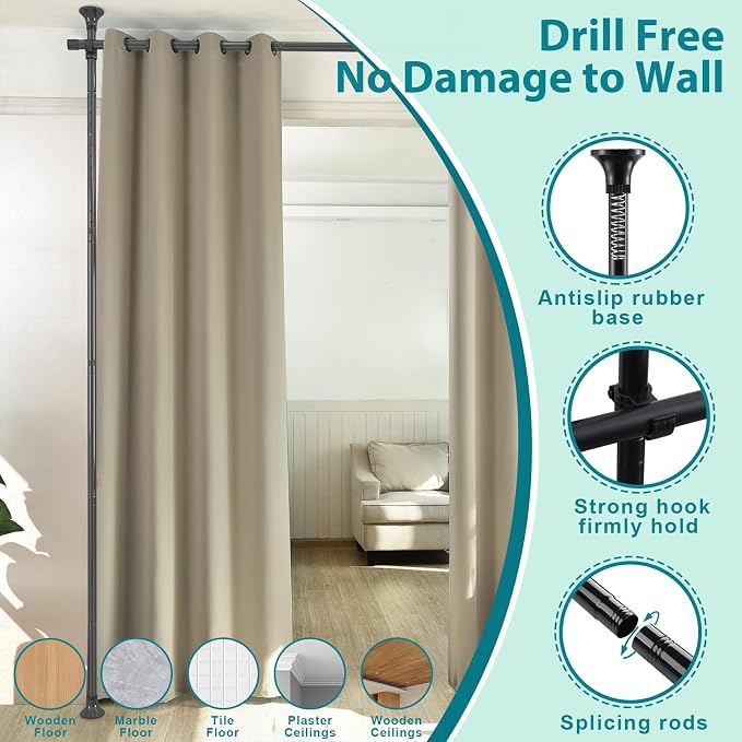 DEROFIT No-Drill Room Divider Curtain Rod Kit – Adjustable Floor to Ceiling Partition, 120" Tall x 114" Wide, Heavy Duty Black - Home decor with | Sold by Uncle Wiener's Wholesale