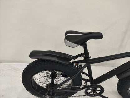 Deviant 20-inch fat tire off-road bike on the beach

Side view of 7-speed fat tire bike with disc brakes

Shimano derailleur on Deviant fat tire bike

Close-up of front disc brake and suspension fork

All-season fat tire bike on snow and gravel terrain