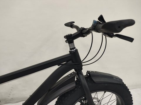 Deviant 20-inch fat tire off-road bike on the beach

Side view of 7-speed fat tire bike with disc brakes

Shimano derailleur on Deviant fat tire bike

Close-up of front disc brake and suspension fork

All-season fat tire bike on snow and gravel terrain