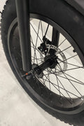 Deviant 20-inch fat tire off-road bike on the beach

Side view of 7-speed fat tire bike with disc brakes

Shimano derailleur on Deviant fat tire bike

Close-up of front disc brake and suspension fork

All-season fat tire bike on snow and gravel terrain