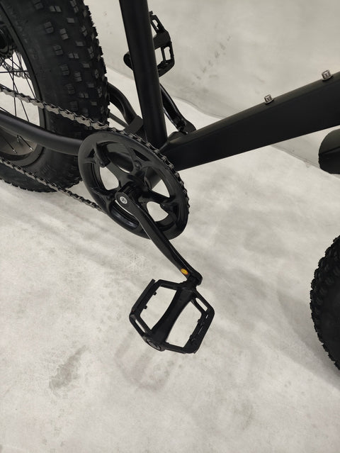 Deviant 20-inch fat tire off-road bike on the beach

Side view of 7-speed fat tire bike with disc brakes

Shimano derailleur on Deviant fat tire bike

Close-up of front disc brake and suspension fork

All-season fat tire bike on snow and gravel terrain
