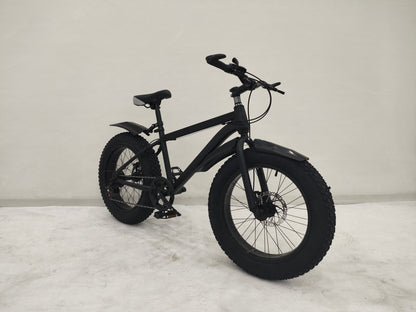Deviant 20-inch fat tire off-road bike on the beach

Side view of 7-speed fat tire bike with disc brakes

Shimano derailleur on Deviant fat tire bike

Close-up of front disc brake and suspension fork

All-season fat tire bike on snow and gravel terrain