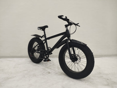 Deviant 20-inch fat tire off-road bike on the beach

Side view of 7-speed fat tire bike with disc brakes

Shimano derailleur on Deviant fat tire bike

Close-up of front disc brake and suspension fork

All-season fat tire bike on snow and gravel terrain